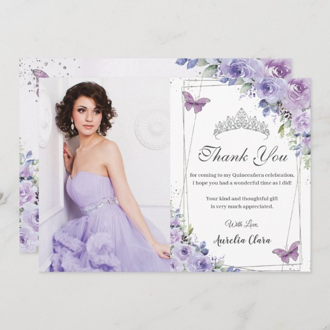 Tarjeta De Agradecimiento Quinceañera Mariposas Purple Floral 16 cumpleaños (Anverso / Reverso)