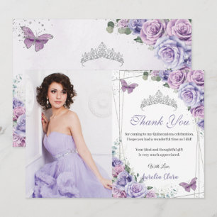 Tarjeta De Agradecimiento Quinceañera Mariposas Purple Floral 16 cumpleaños