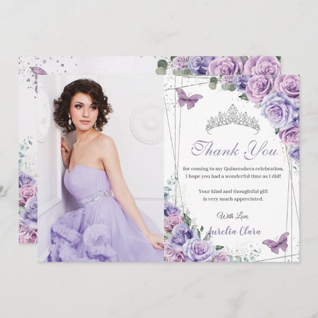 Tarjeta De Agradecimiento Quinceañera Mariposas Purple Floral 16 cumpleaños (Anverso / Reverso)