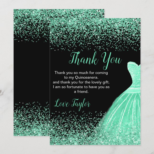 Tarjeta De Agradecimiento Quinceanera Mint Green Dress Faux Glitter (Anverso / Reverso)