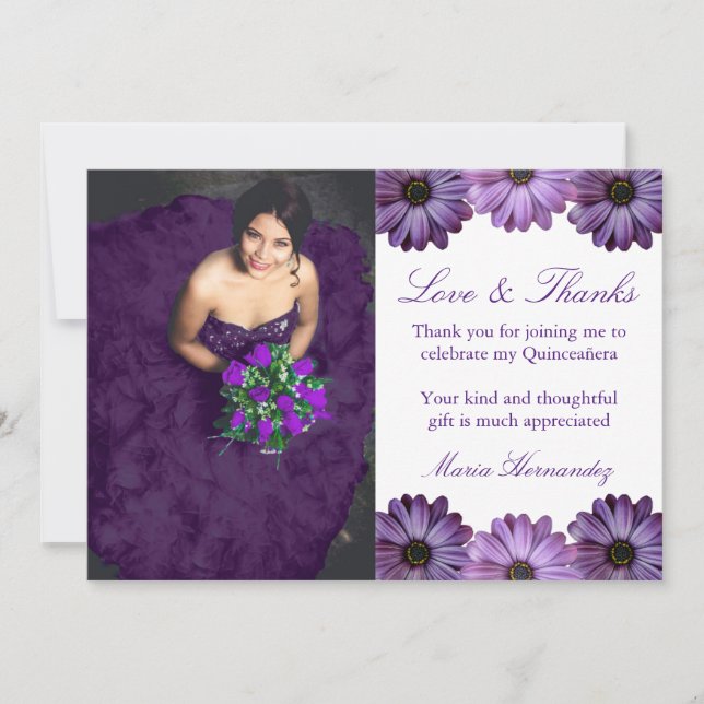 Tarjeta De Agradecimiento Quinceanera morada (Anverso)