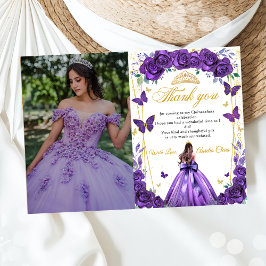 Tarjeta De Agradecimiento Quinceañera Morado Floral Princesa Butterflies
