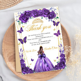 Tarjeta De Agradecimiento Quinceañera Morado Floral Princesa Butterflies