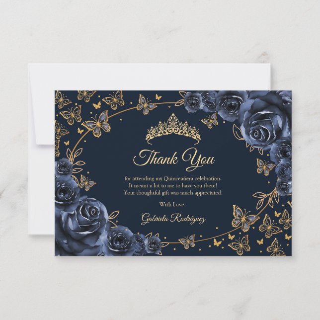 Tarjeta De Agradecimiento Quinceañera Navy Oro (Anverso)