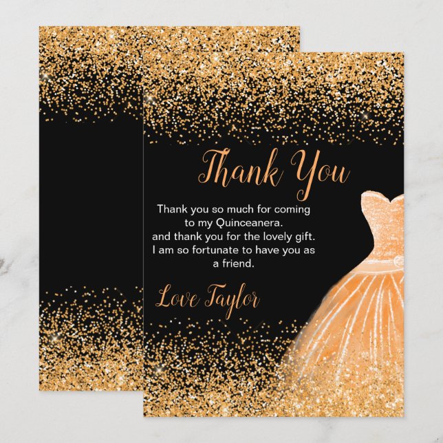 Tarjeta De Agradecimiento Quinceanera Peach Orange Dress Faux Glitter (Anverso / Reverso)
