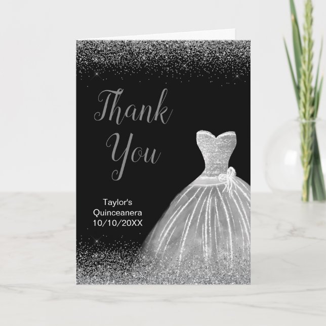 Tarjeta De Agradecimiento Quinceanera Plata Vestido Faux Purpurina (Anverso)