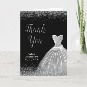 Tarjeta De Agradecimiento Quinceanera Plata Vestido Faux Purpurina