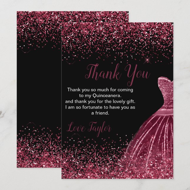 Tarjeta De Agradecimiento Quinceanera Plum Purple Dress Faux Glitter (Anverso / Reverso)