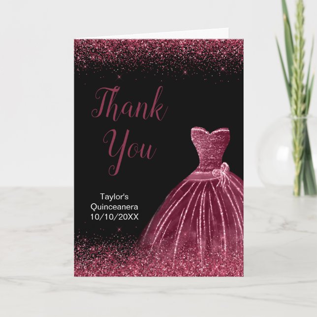 Tarjeta De Agradecimiento Quinceanera Plum Vestido púrpura Faux Purpurina (Anverso)