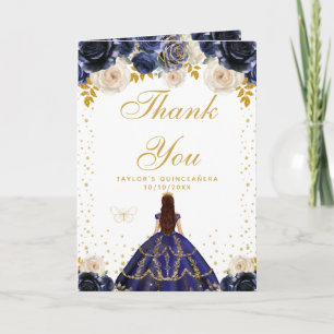 Tarjeta De Agradecimiento Quinceañera Princesa Floral Azul Marino