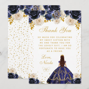 Tarjeta De Agradecimiento Quinceañera Princesa Floral Azul Marino