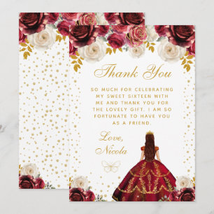 Tarjeta De Agradecimiento Quinceañera Princesa Floral Roja