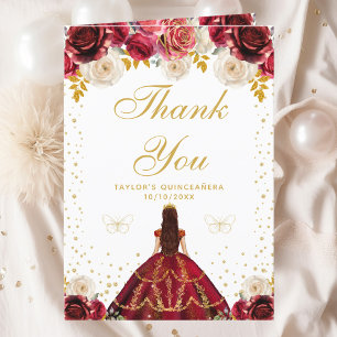 Tarjeta De Agradecimiento Quinceañera Princesa Floral Roja