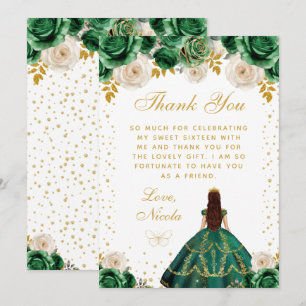 Tarjeta De Agradecimiento Quinceañera Princesa Floral Verde