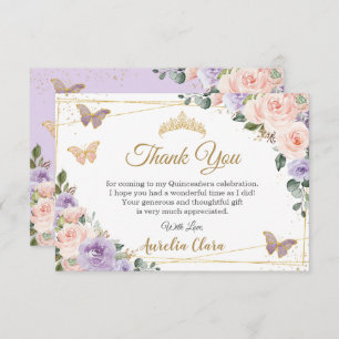 Tarjeta De Agradecimiento Quinceañera Purple Lilac Rubor Floral Butterflies