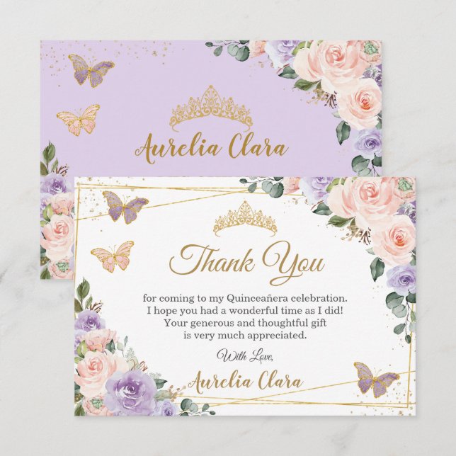 Tarjeta De Agradecimiento Quinceañera Purple Lilac Rubor Floral Butterflies (Anverso / Reverso)
