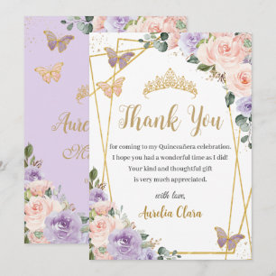 Tarjeta De Agradecimiento Quinceañera Purple Lilac Rubor Floral Butterflies