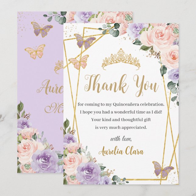 Tarjeta De Agradecimiento Quinceañera Purple Lilac Rubor Floral Butterflies (Anverso / Reverso)
