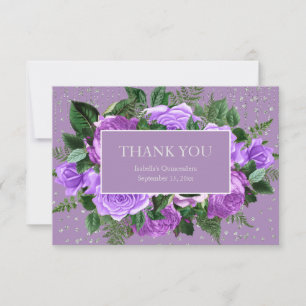 Tarjeta De Agradecimiento Quinceañera Purpurina Plata Morada Floral Gracias