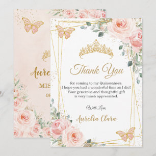 Tarjeta De Agradecimiento Quinceañera Quince Rubor Rosa Floral Mariposas