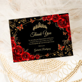 Tarjeta De Agradecimiento Quinceañera Rojo Negro Oro
