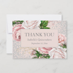 Tarjeta De Agradecimiento Quinceañera Rosa Floral Plata Brillante Gracias
