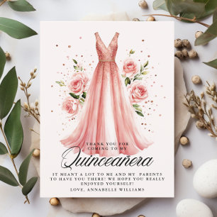 Tarjeta De Agradecimiento Quinceañera Rosa Floral Vestido de Oro 15 cumpleañ