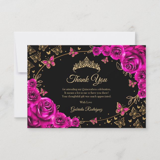 Tarjeta De Agradecimiento Quinceañera Rosa Fucsia Dorado (Anverso)