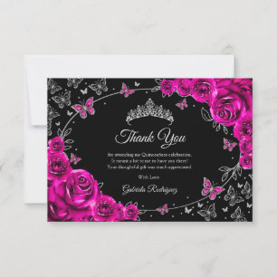 Tarjeta De Agradecimiento Quinceañera Rosa Fucsia Plateada