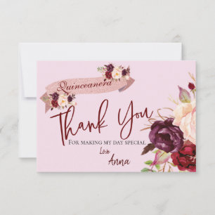 Tarjeta De Agradecimiento Quinceañera Rosa Glitter Floral Cumpleaños