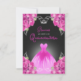 TARJETA DE AGRADECIMIENTO QUINCEAÑERA ROSA Y NEGRA ESPAÑOLA - ELEGANTES ROSA