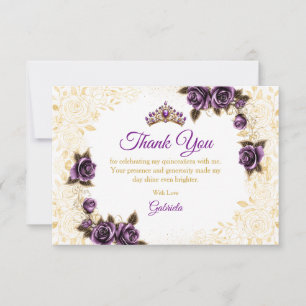 Tarjeta De Agradecimiento Quinceañera Rosas Doradas Tiaras Purpura