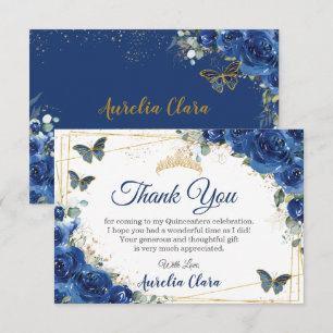 Tarjeta De Agradecimiento Quinceañera Royal Blue Floral Butterflies Cumpleañ