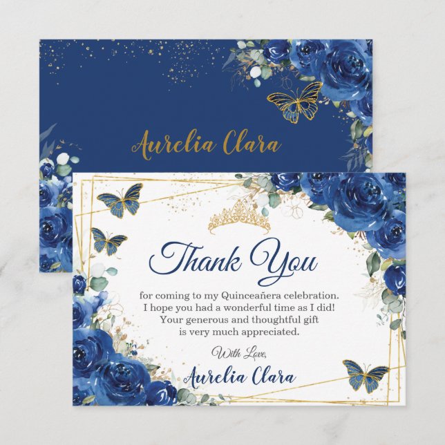 Tarjeta De Agradecimiento Quinceañera Royal Blue Floral Butterflies Cumpleañ (Anverso / Reverso)