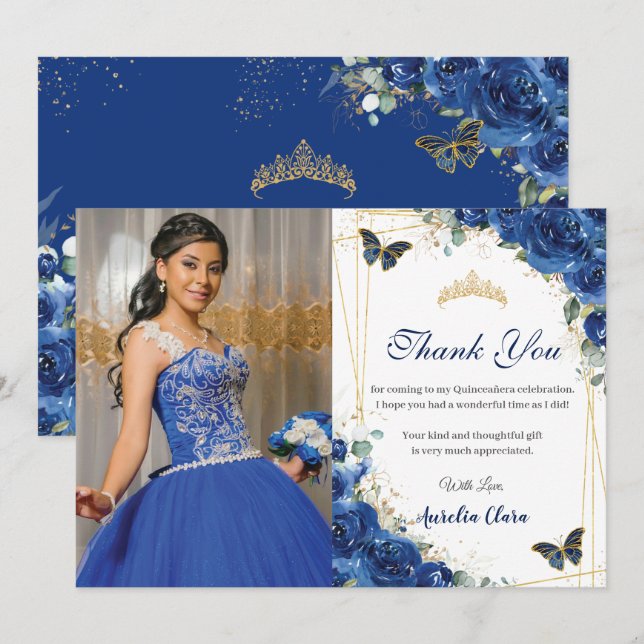 Tarjeta De Agradecimiento Quinceañera Royal Blue Floral Butterflies Cumpleañ (Anverso / Reverso)