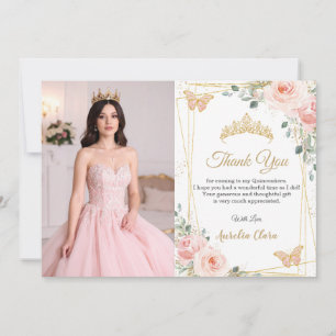 Tarjeta De Agradecimiento Quinceañera Rubor Rosa Floral Mariposas Foto