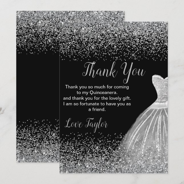 Tarjeta De Agradecimiento Quinceanera Silver Dress Faux Glitter (Anverso / Reverso)