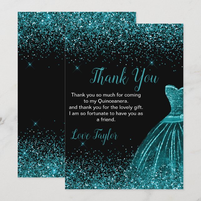 Tarjeta De Agradecimiento Quinceanera Teal Blue Dress Faux Glitter (Anverso / Reverso)