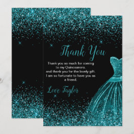 Tarjeta De Agradecimiento Quinceanera Teal Blue Dress Faux Glitter