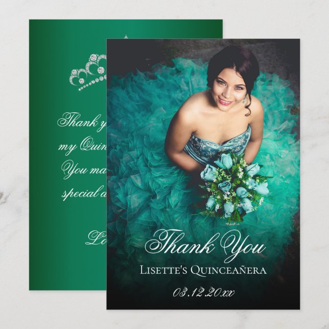 Tarjeta De Agradecimiento Quinceanera verde esmeralda Añadir foto personaliz (Anverso / Reverso)