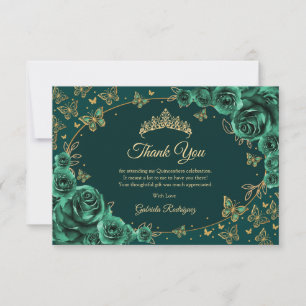 Tarjeta De Agradecimiento Quinceañera Verde Esmeralda Dorado