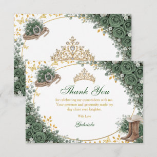 Tarjeta De Agradecimiento Quinceañera verde esmeralda occidental dorada