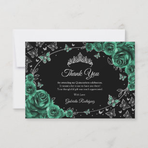 Tarjeta De Agradecimiento Quinceañera Verde Esmeralda Plata