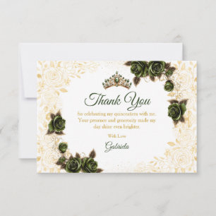 Tarjeta De Agradecimiento Quinceañera Verde Esmeralda Rosas Tiara Dorada