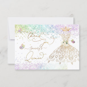 Tarjeta De Agradecimiento Quinceañera vestido de brillo de oro blanco agrade