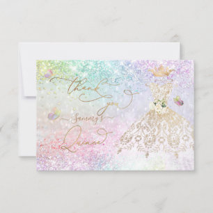 Tarjeta De Agradecimiento Quinceanera White Gold Purpurina Gown Pastel