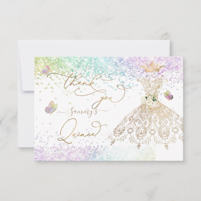 Tarjeta De Agradecimiento Quinceanera White Gold Purpurina Gown Pastel Graci (Anverso)