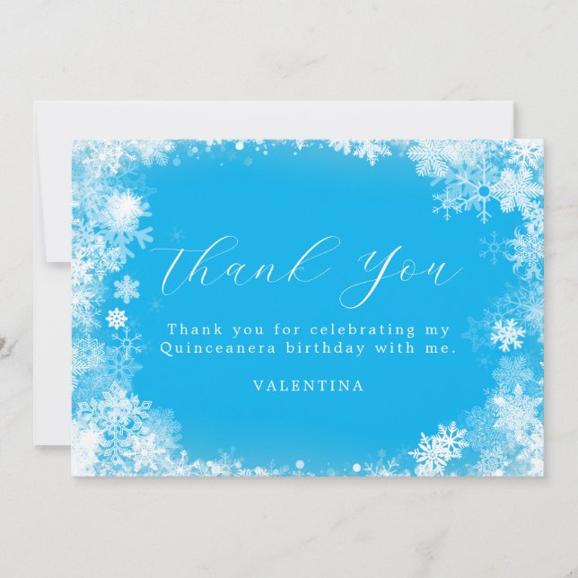 Tarjeta De Agradecimiento Quinceanera Winter Wonderland Snowflake Blue (Anverso)