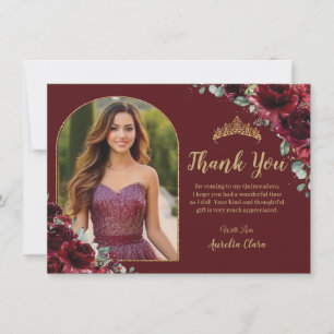 Tarjeta De Agradecimiento Quinceañera XV Dulce 16 Burgundy Floral Gold Photo