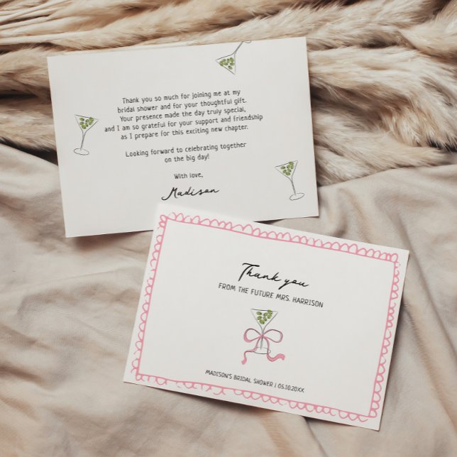Tarjeta De Agradecimiento Quirky Martini con mano y ducha de novia dibujada (Subido por el creador)